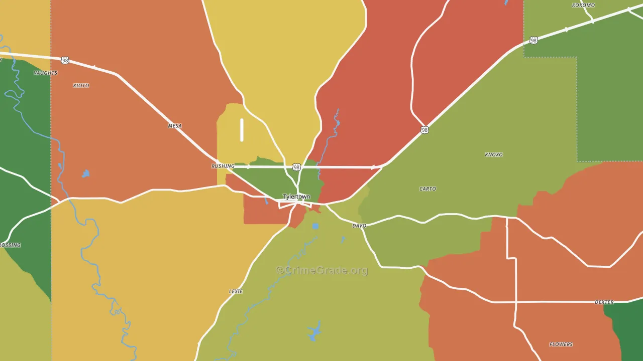 Tylertown, MS Map of Theft Rates