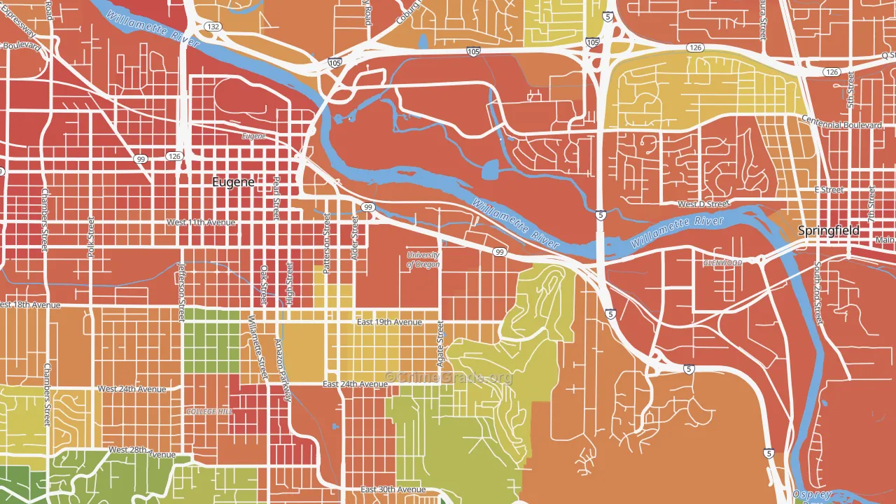 U of O Campus, Eugene, OR Map of Theft Rates
