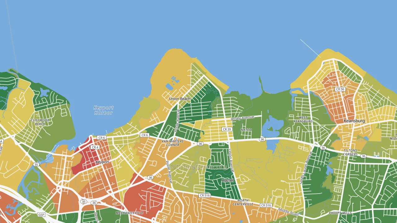 Union Beach, NJ Map of Theft Rates
