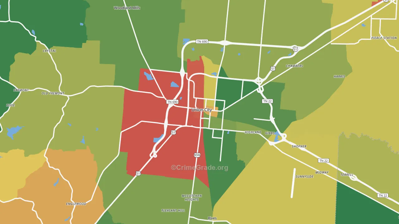 Union City, TN Map of Theft Rates