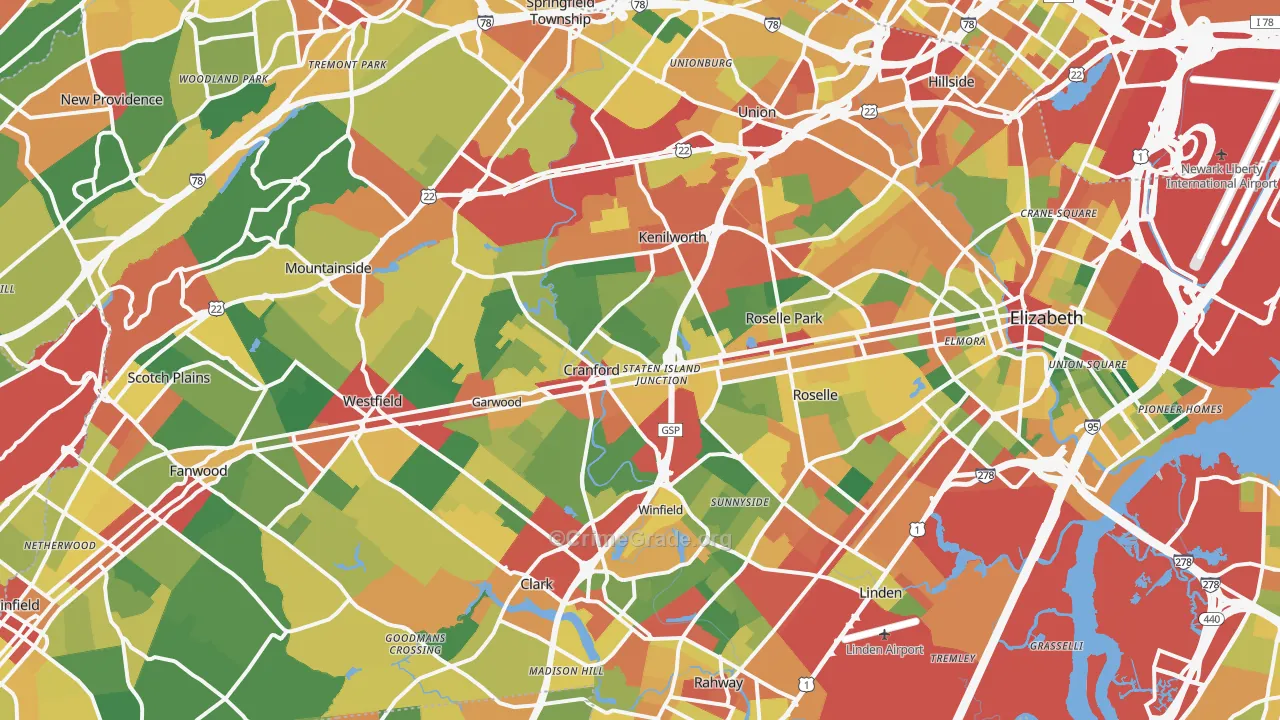 Union County, NJ Map of Theft Rates