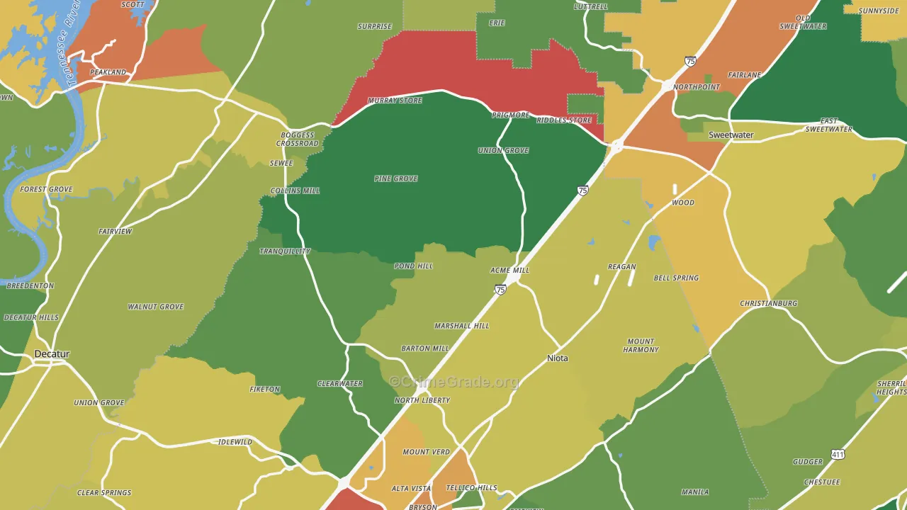 Union Grove, TN Map of Theft Rates