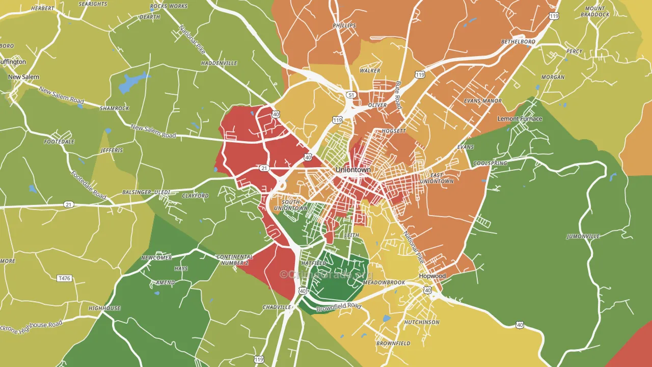 Uniontown, PA Map of Theft Rates
