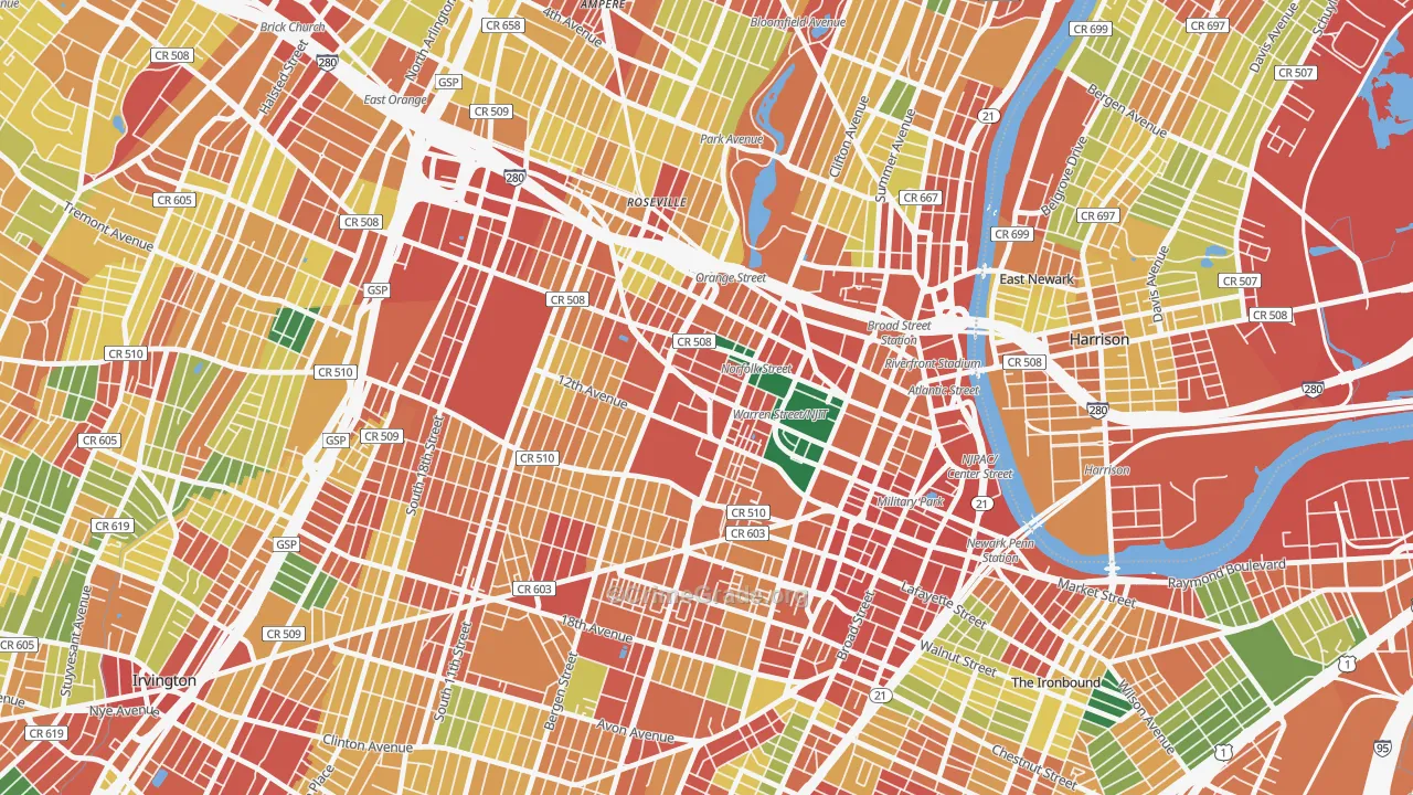University Heights, Newark, NJ Map of Theft Rates