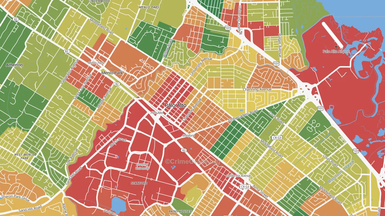 University South, Palo Alto, CA Map of Theft Rates