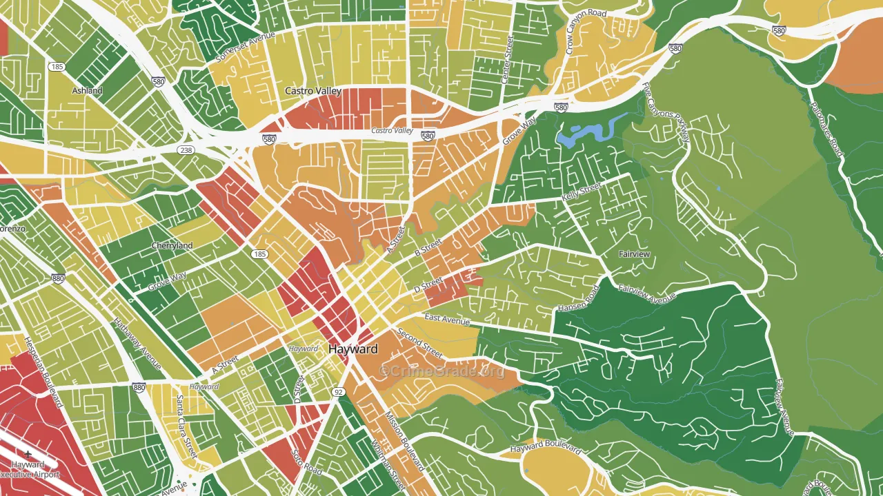 Upper B Street, Hayward, CA Map of Theft Rates