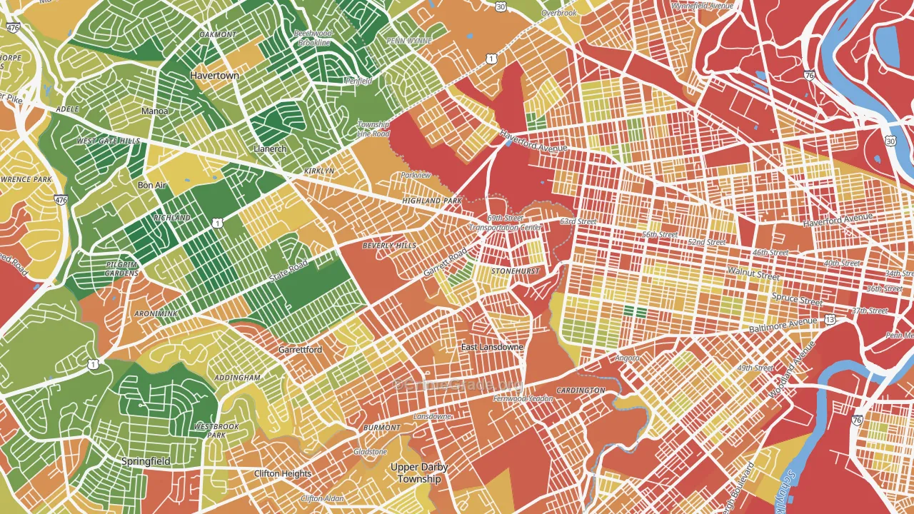 Upper Darby, PA Map of Theft Rates