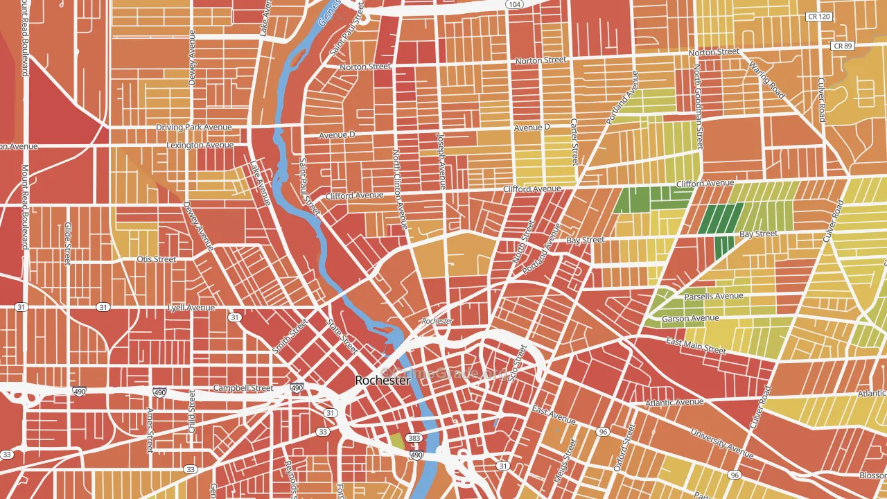 Upper Falls, Rochester, NY Map of Theft Rates