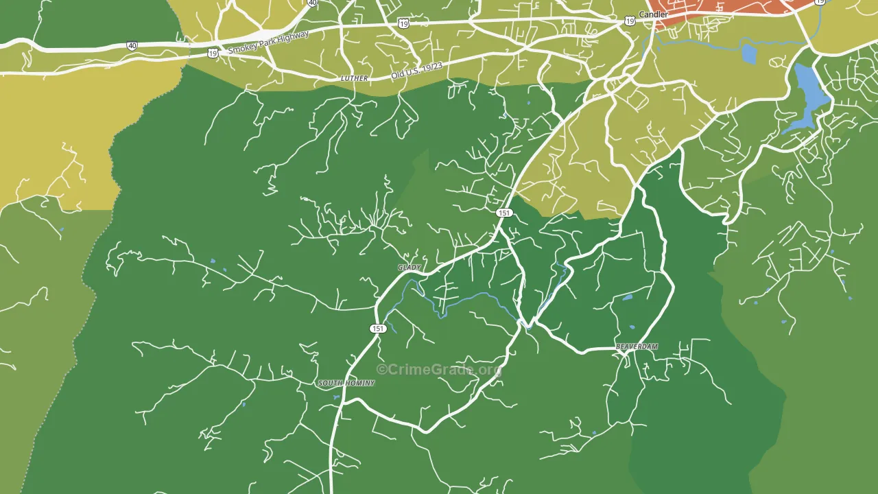Upper Hominy, NC Map of Theft Rates
