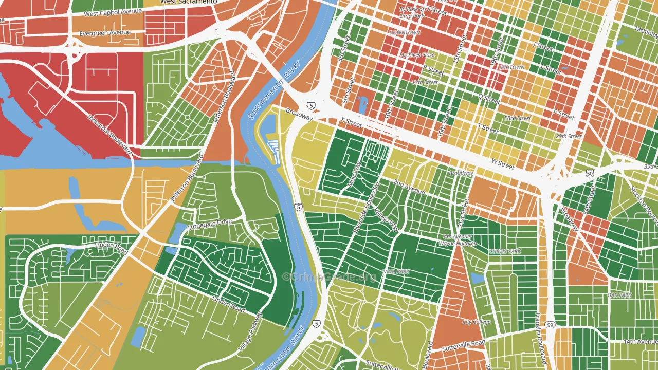 Upper Land Park, Sacramento, CA Map of Theft Rates
