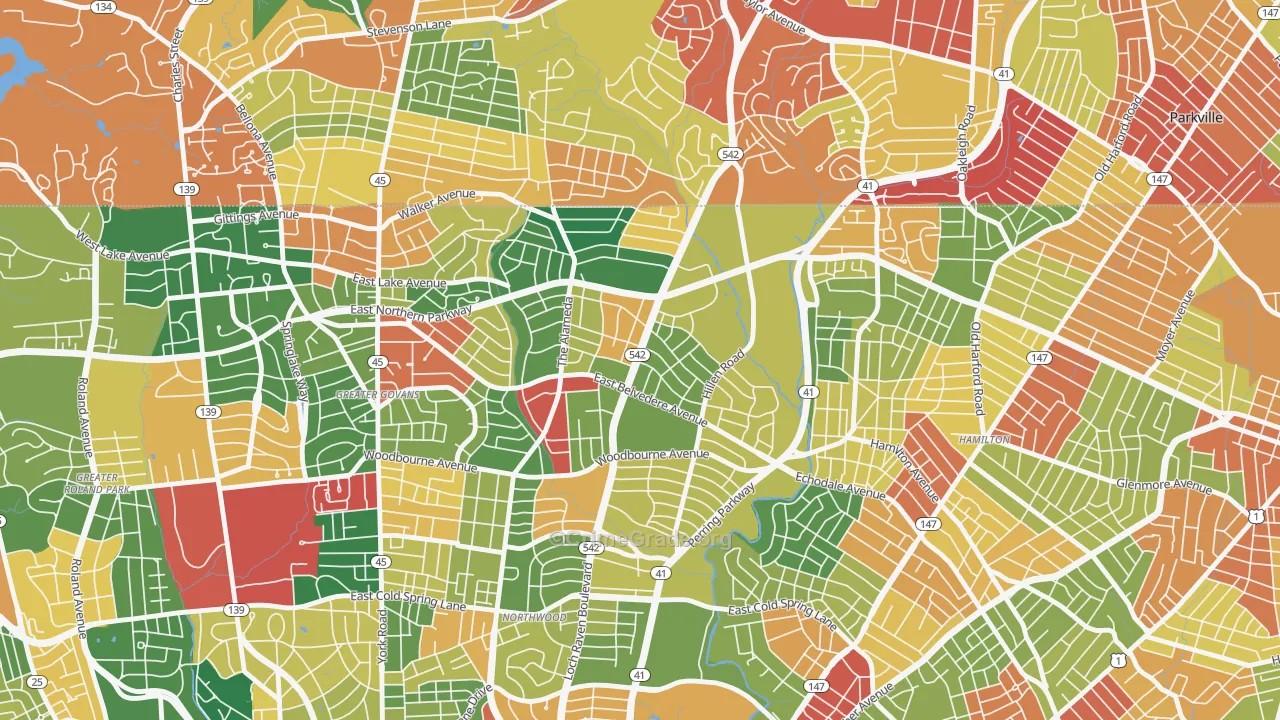 Upper Northwood, Baltimore, MD Map of Theft Rates