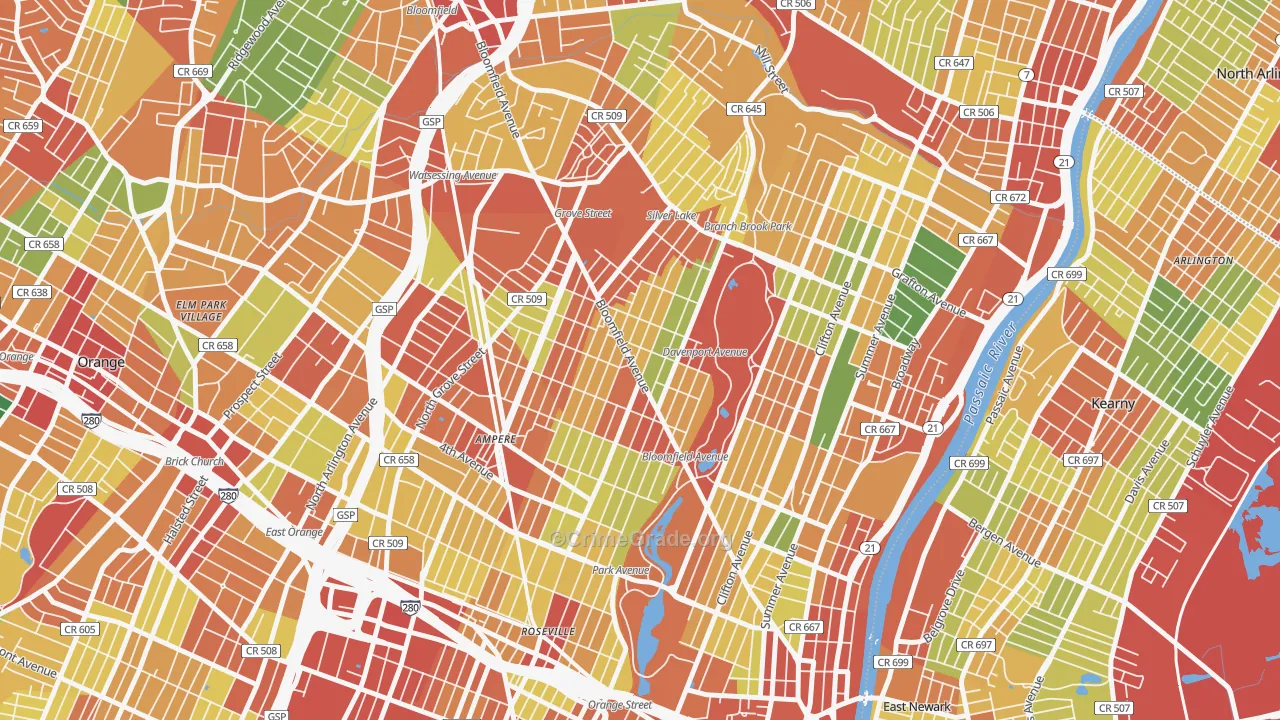 Upper Roseville, Newark, NJ Map of Theft Rates