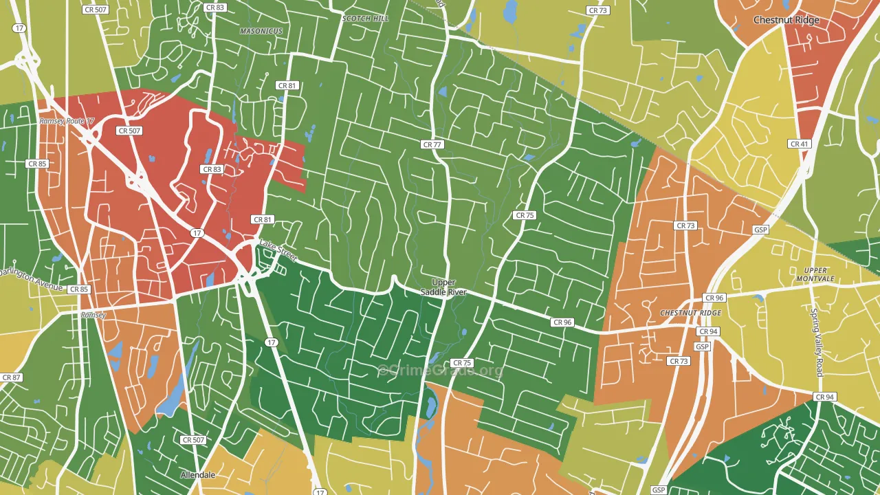 Upper Saddle River, NJ Map of Theft Rates