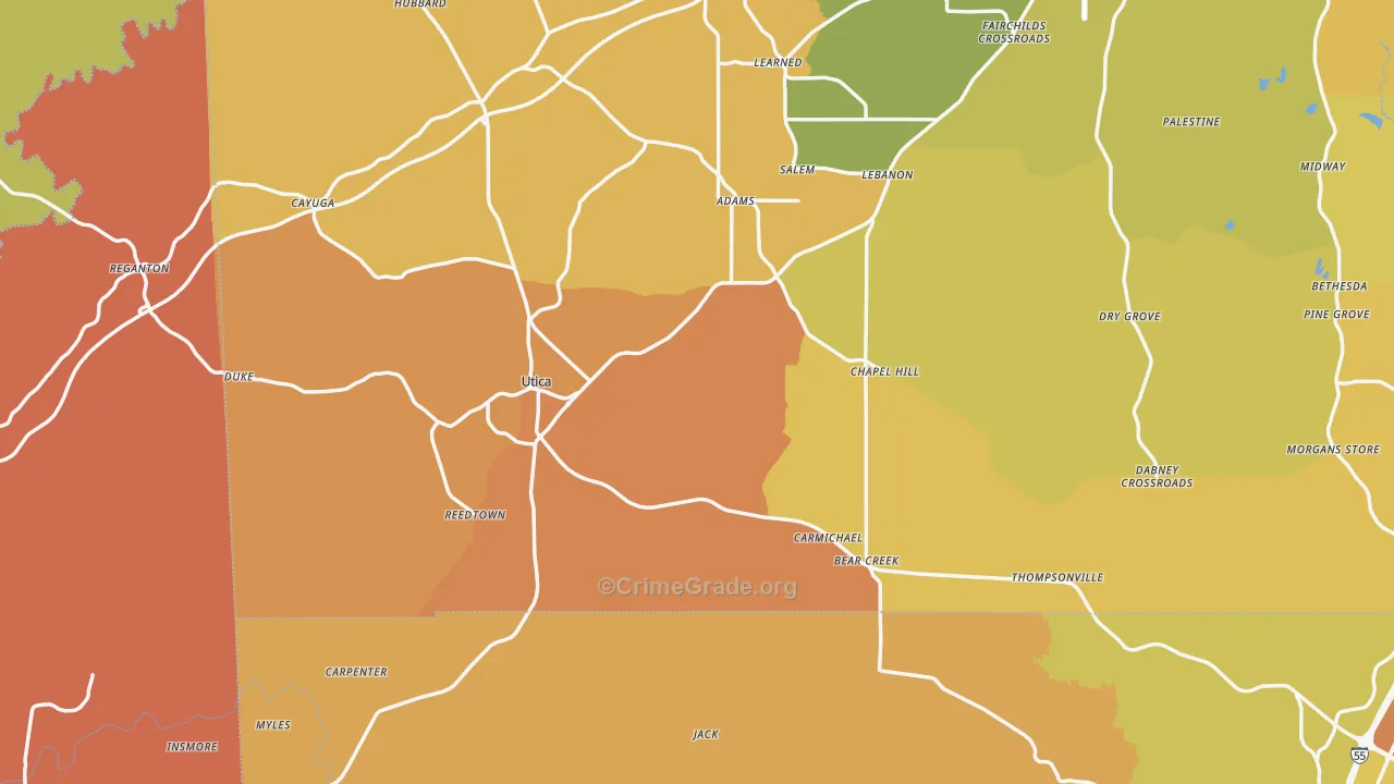 Utica, MS Map of Theft Rates