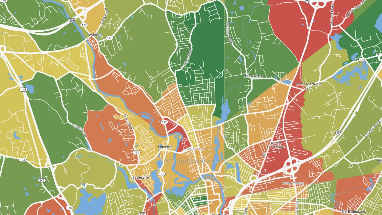 Valley Falls, RI Map of Theft Rates