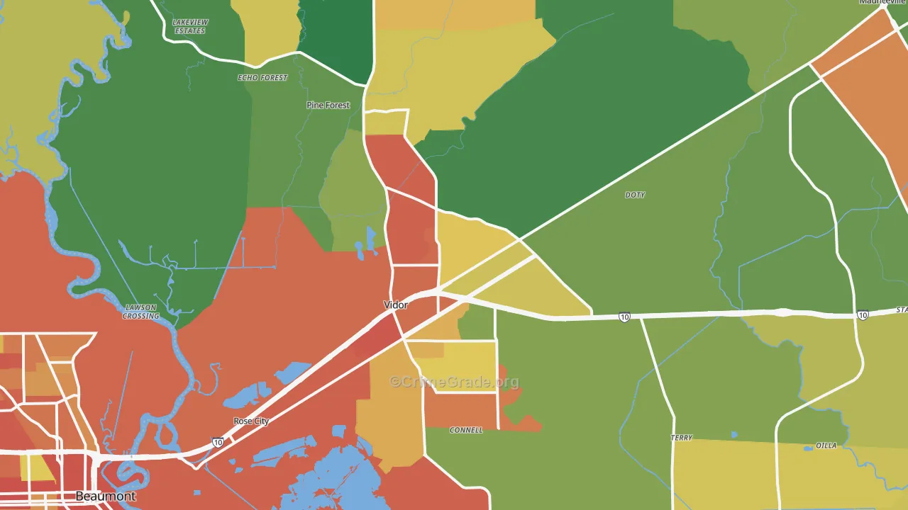 Vidor, TX Map of Theft Rates