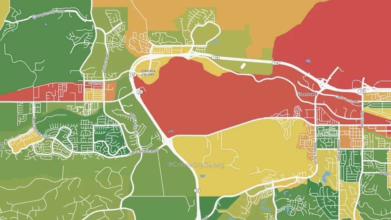Virginia Colony, CA Map of Theft Rates