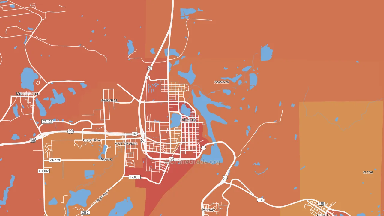 Virginia, MN Map of Theft Rates