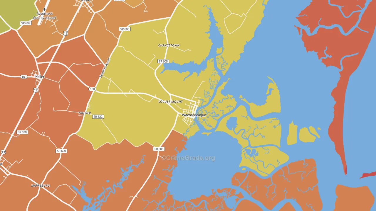 Wachapreague, VA Map of Theft Rates