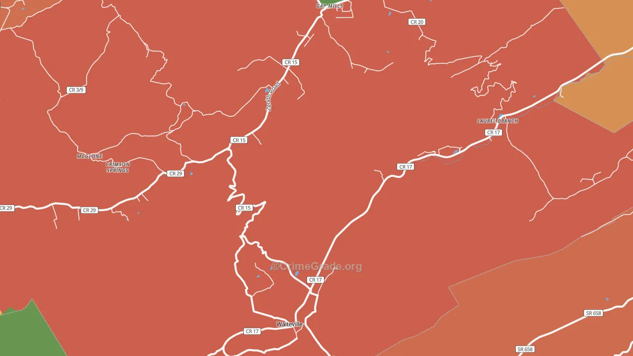 Waiteville, WV Map of Theft Rates