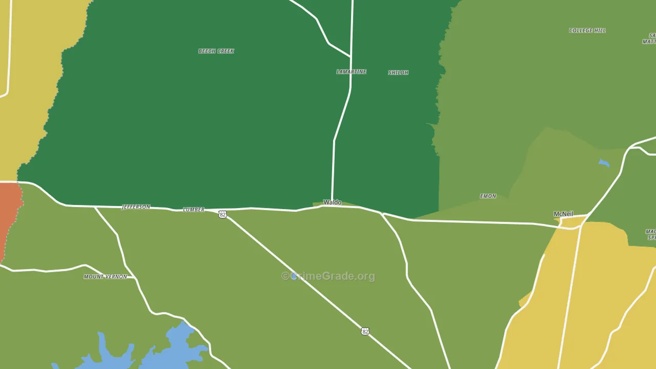 Waldo, AR Map of Theft Rates