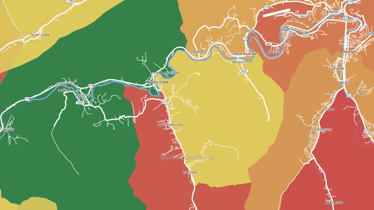 Wallins Creek, KY Map of Theft Rates