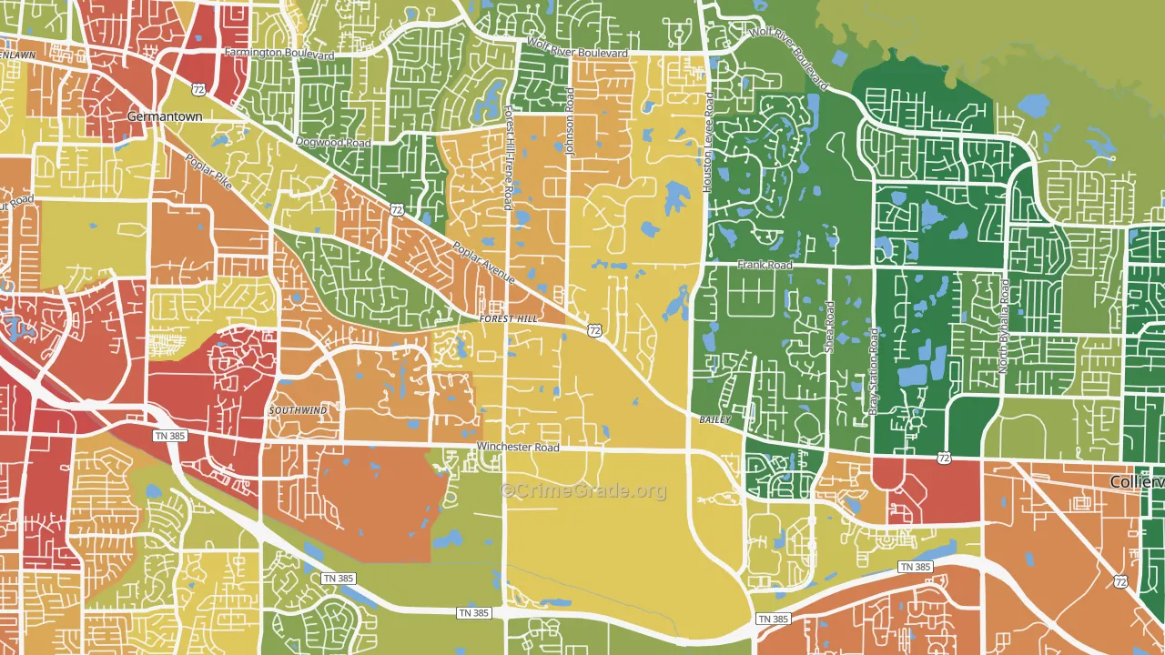 Walnut Grove - Shelby Farms PD, Germantown, TN Map of Theft Rates