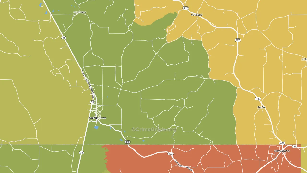 Walnut Grove, MS Map of Theft Rates