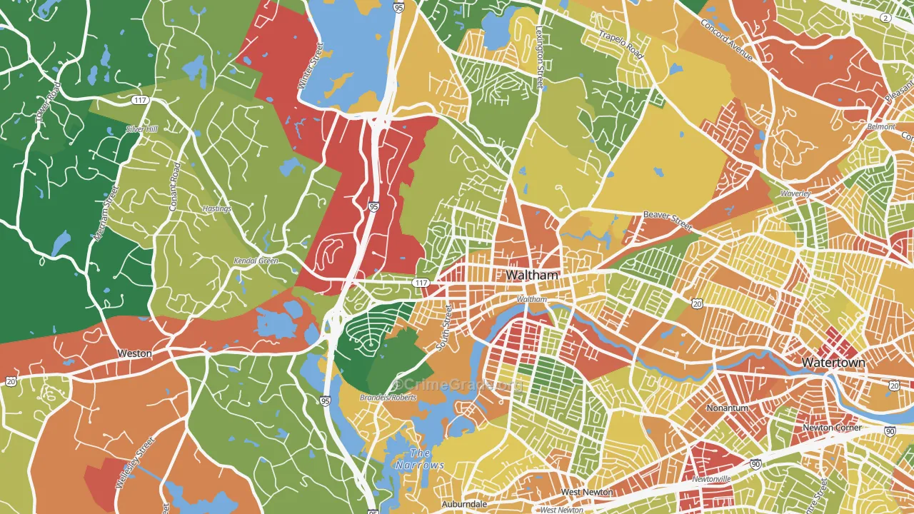 Waltham Highlands, Waltham, MA Map of Theft Rates