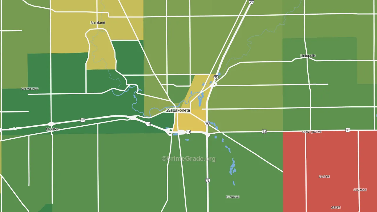 Wapakoneta, OH Map of Theft Rates