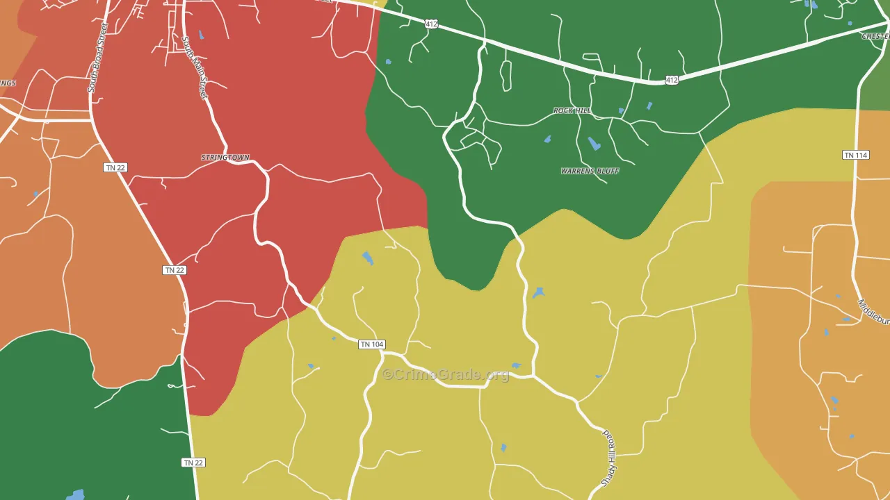 Warrens Bluff, TN Map of Theft Rates