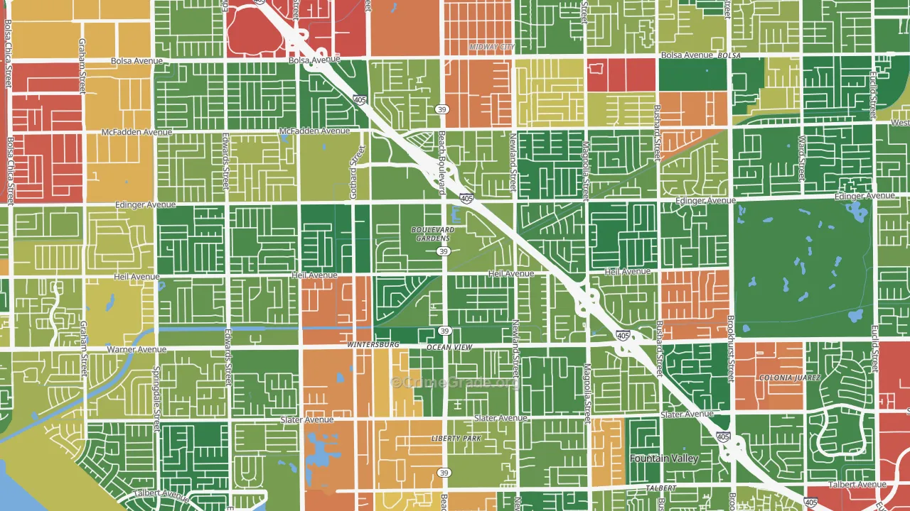 Washington, Huntington Beach, CA Map of Theft Rates