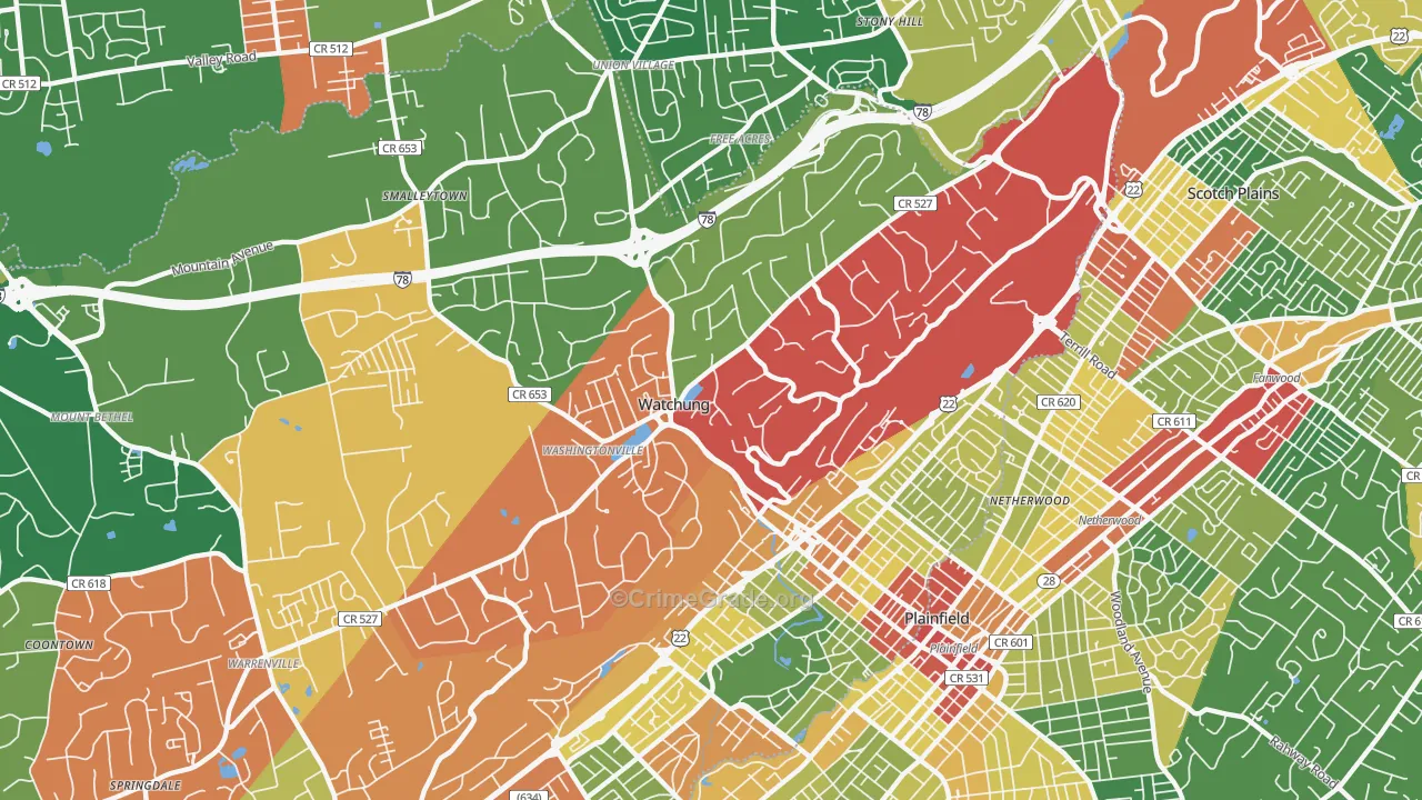 Watchung, NJ Map of Theft Rates