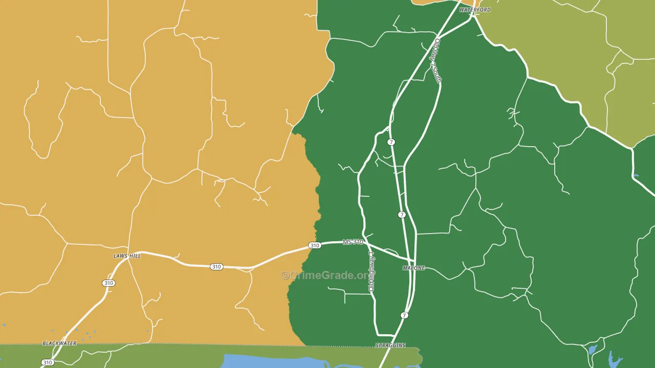 Waterford, MS Map of Theft Rates