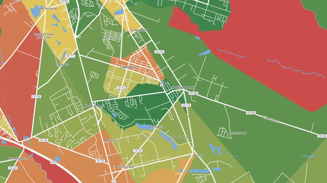 Waterford Works, NJ Map of Theft Rates