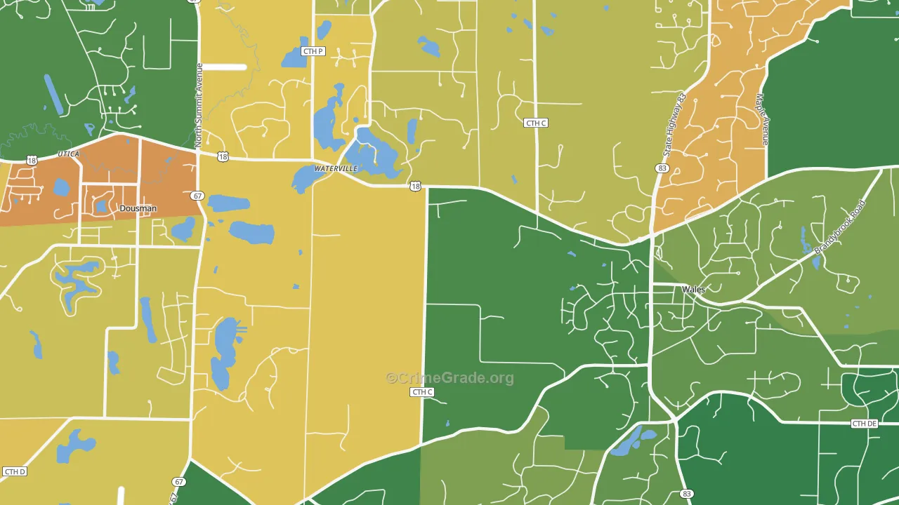 Waterville, WI Map of Theft Rates