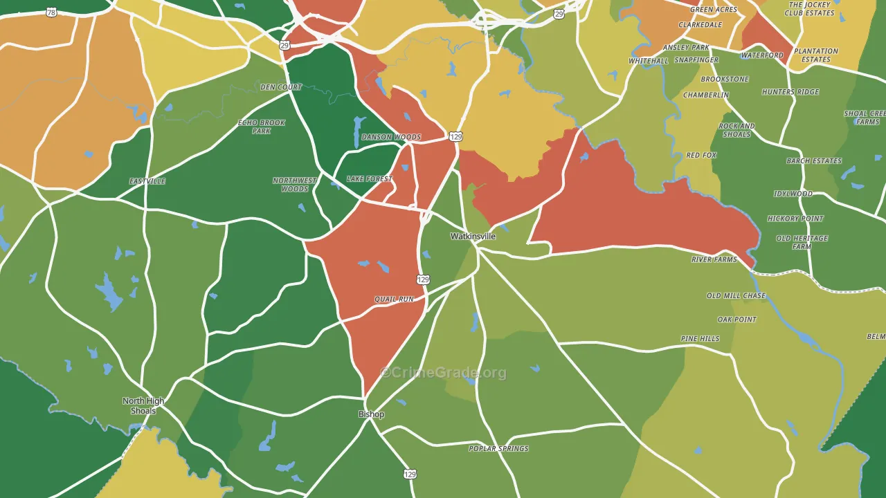 Watkinsville, GA Map of Theft Rates