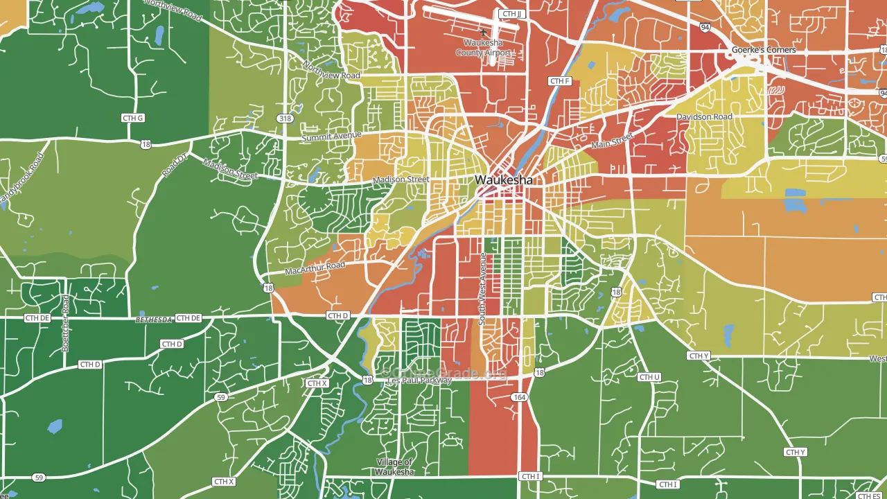 Waukesha, WI Map of Theft Rates