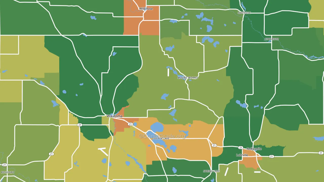 Waushara County, WI Map of Theft Rates
