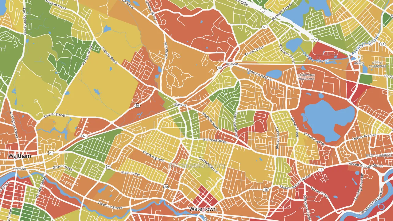 Waverley Square, Belmont, MA Map of Theft Rates