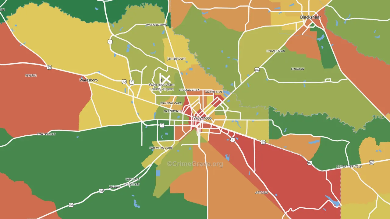 Waycross, GA Map of Theft Rates