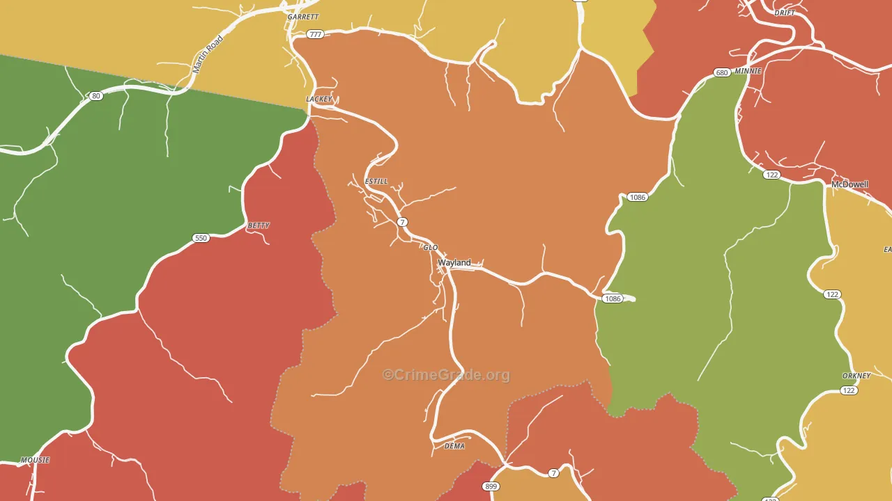 Wayland, KY Map of Theft Rates
