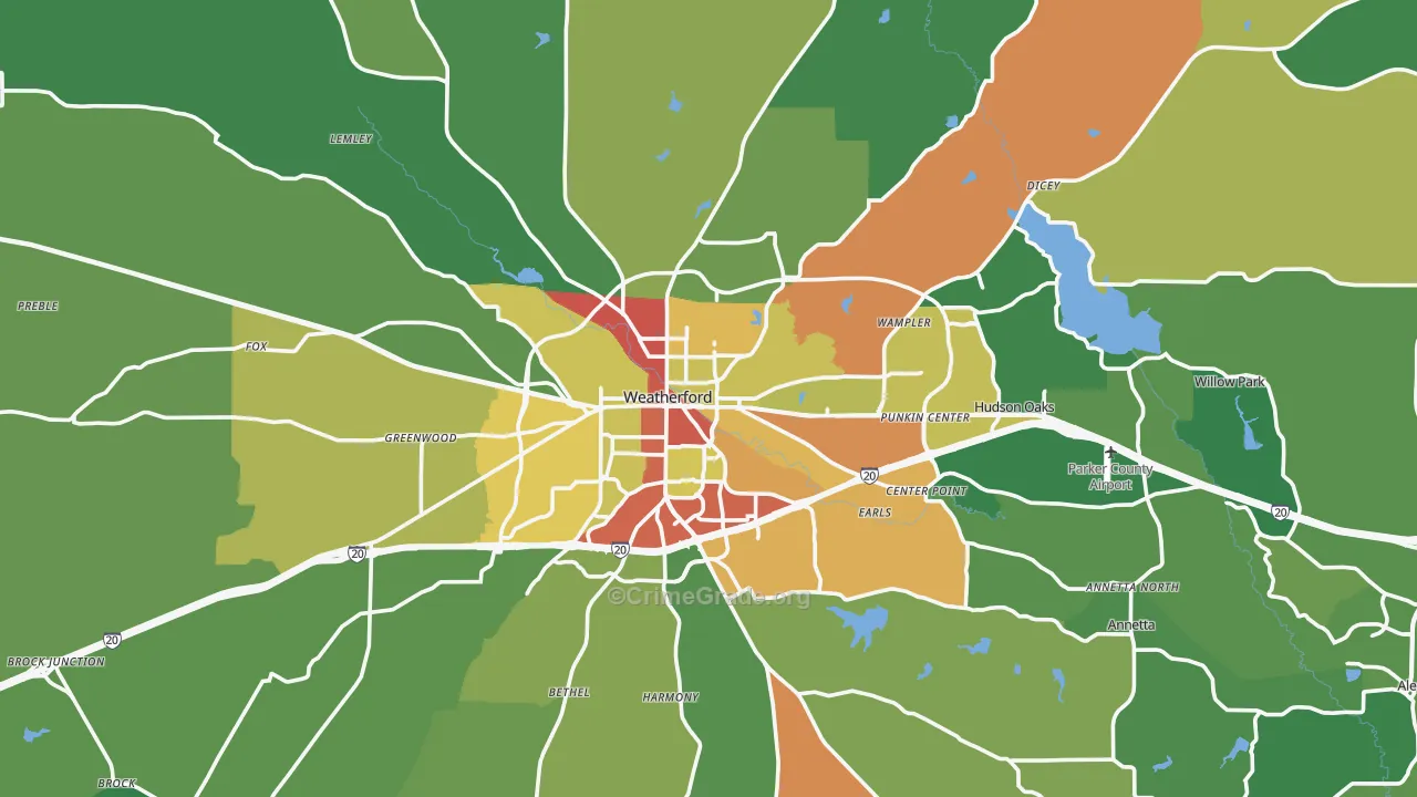 Weatherford, TX Map of Theft Rates