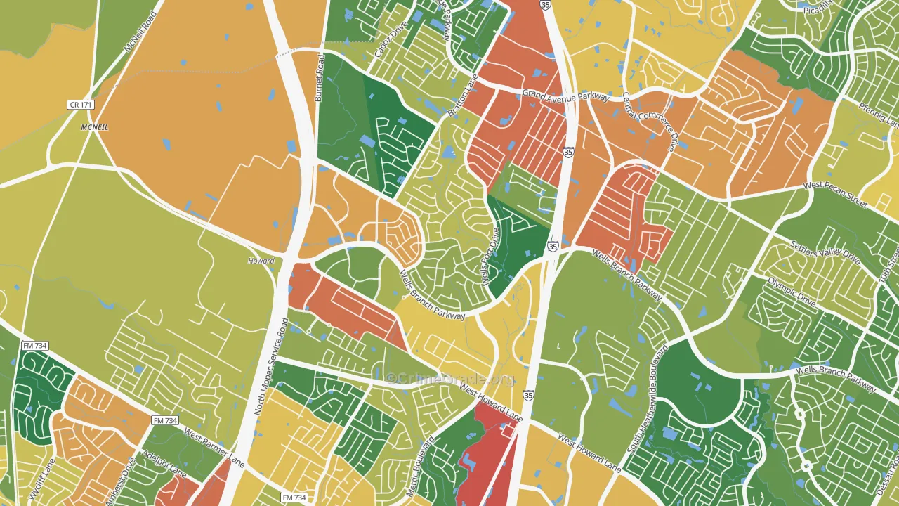 Wells Branch, TX Map of Theft Rates