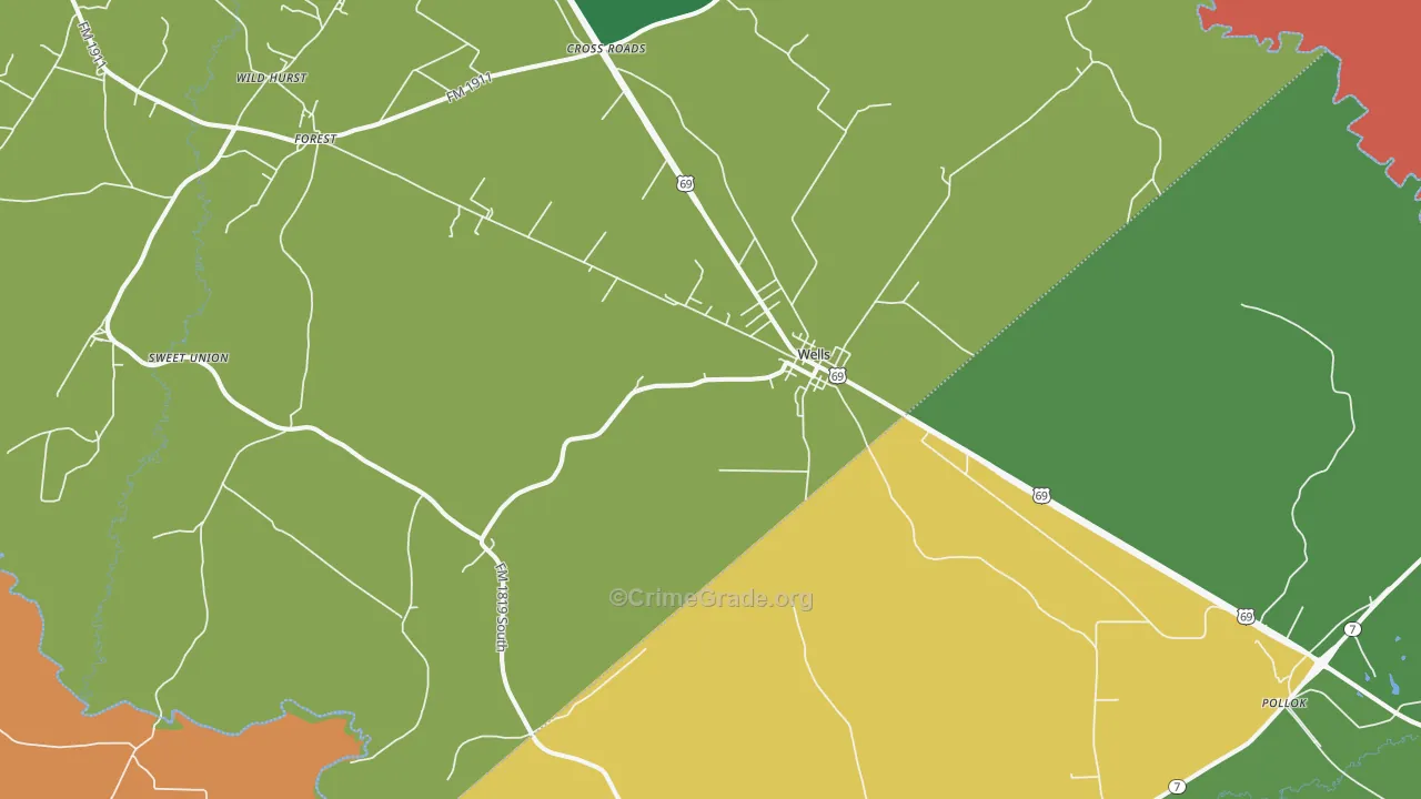 Wells, TX Map of Theft Rates