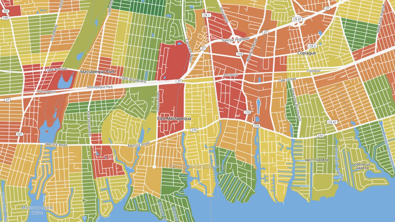 West Amityville, East Massapequa, NY Map of Theft Rates