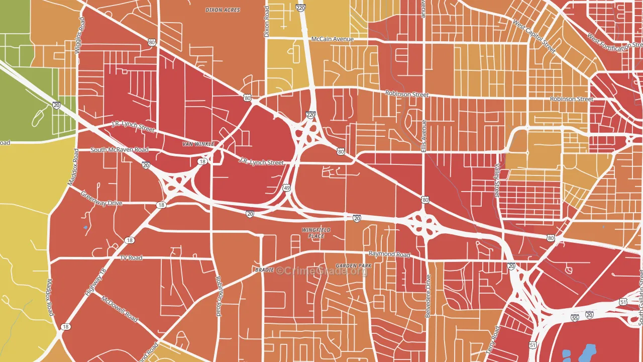 West Central Jackson, Jackson, MS Map of Theft Rates