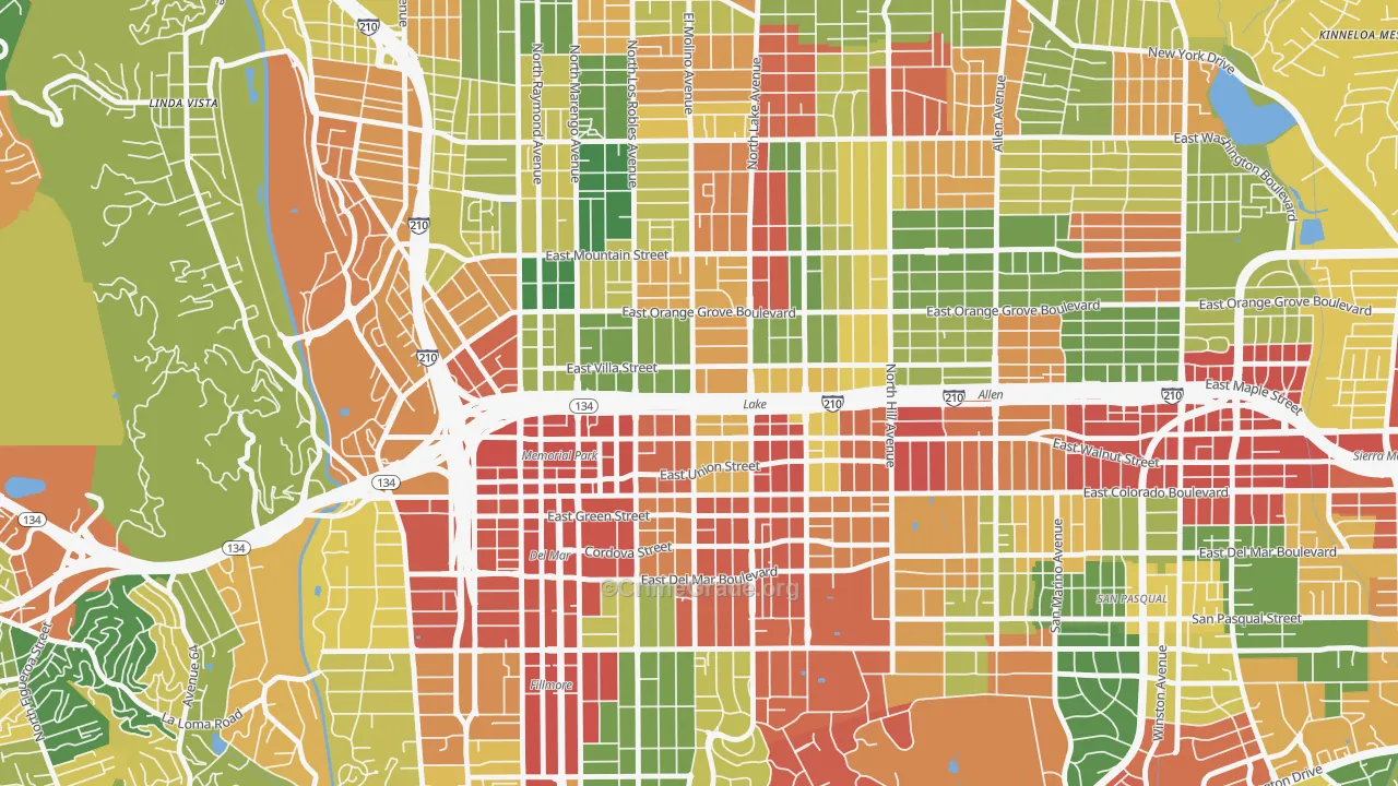 West Central, Pasadena, CA Map of Theft Rates