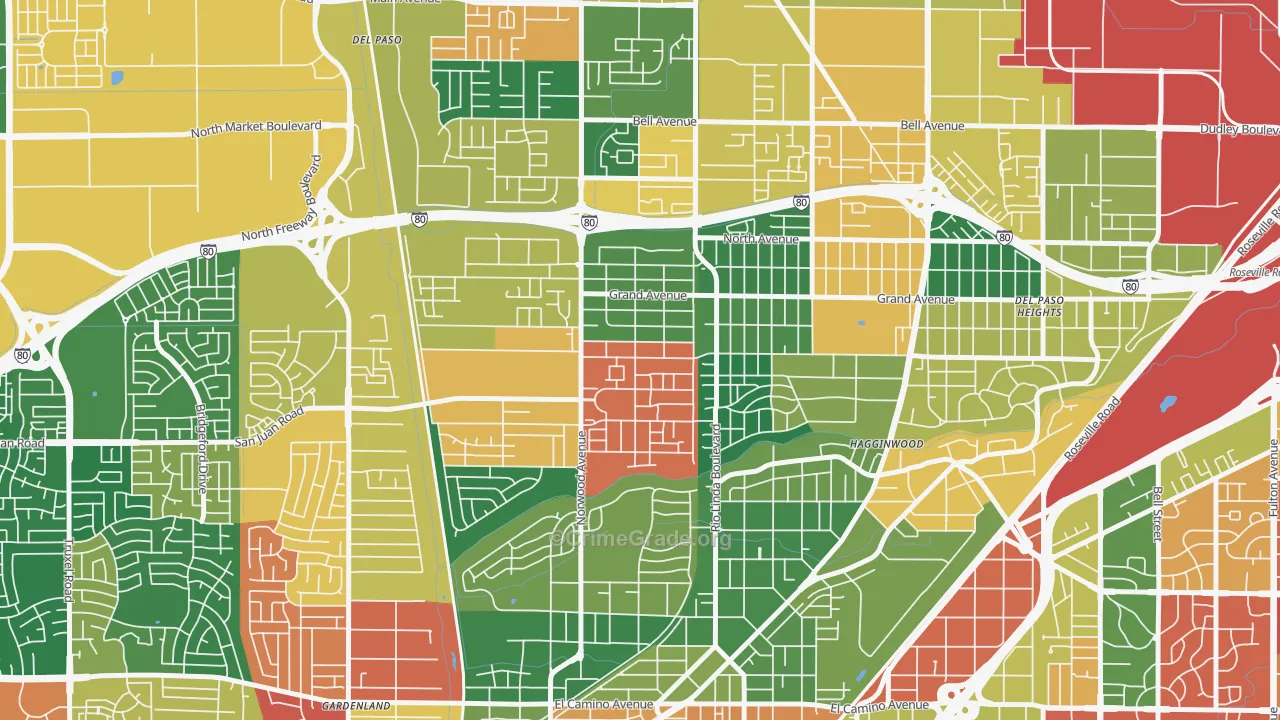 West del Paso Heights, Sacramento, CA Map of Theft Rates
