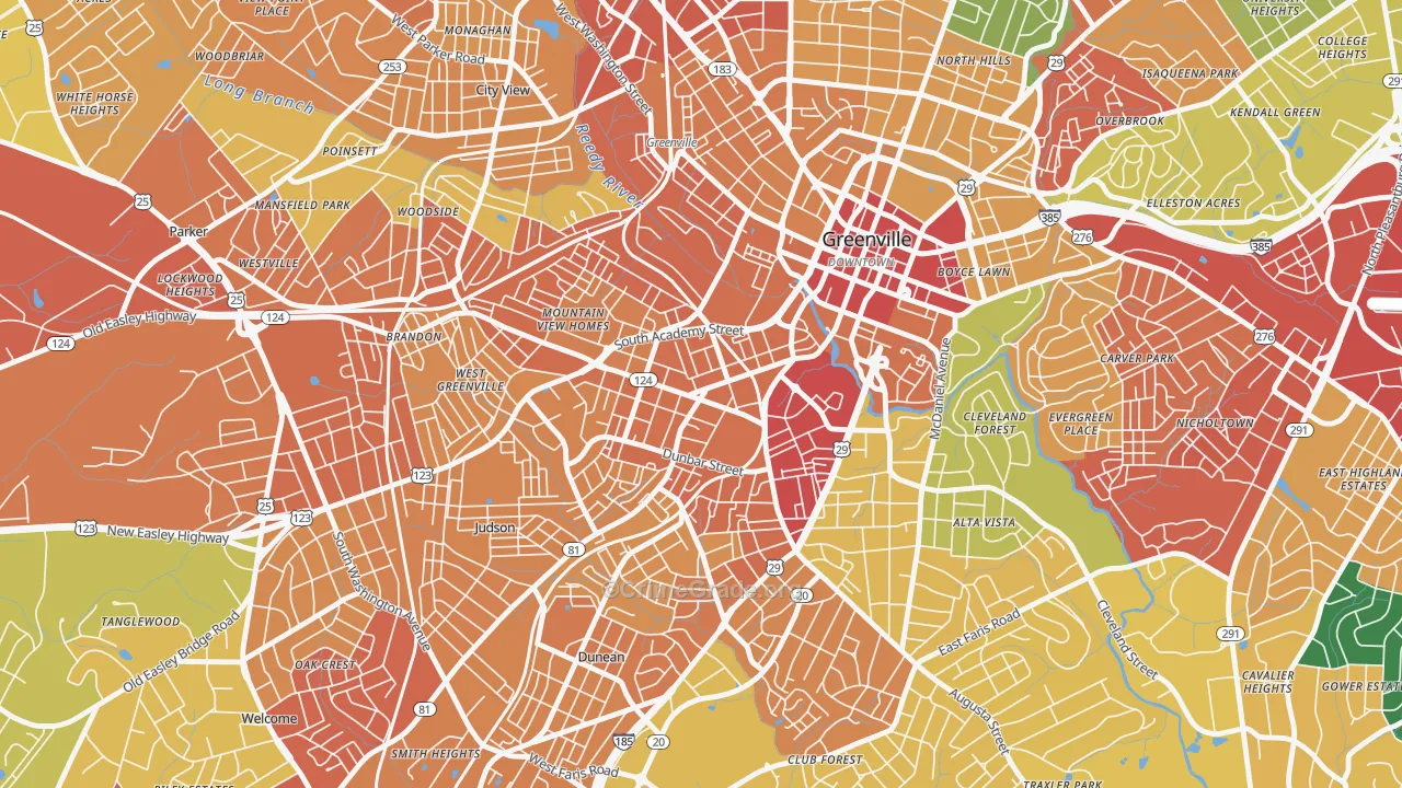 West End, Greenville, SC Map of Theft Rates